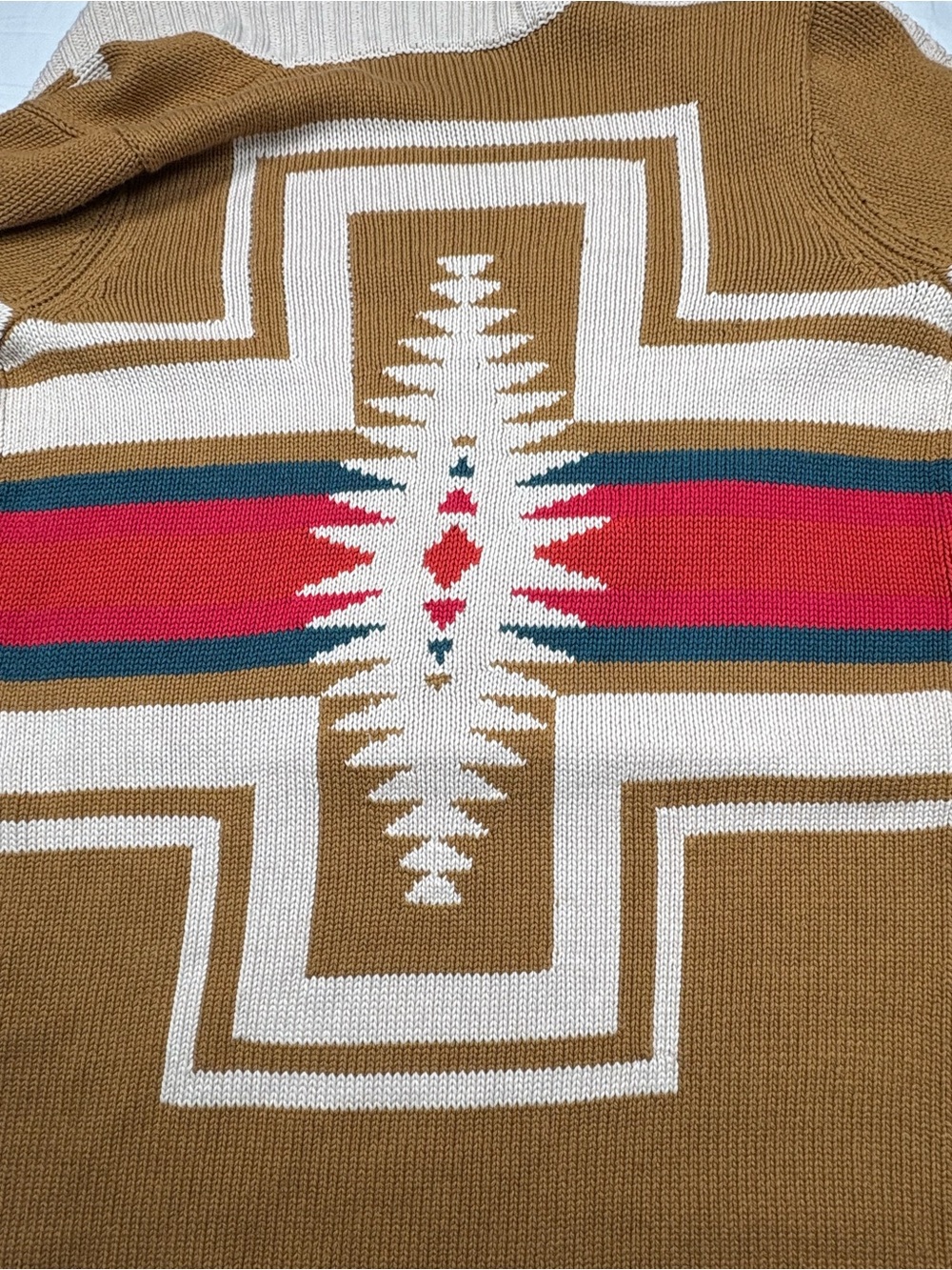 Pendleton Camel Shawl-Collar Cardigan with Red and Teal Stripe Accents - Picture 12 of 12